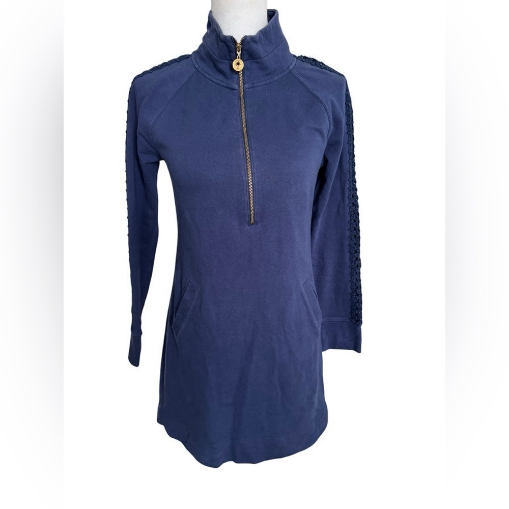 Lilly Pulitzer Solid Skipper Navy Blue Crochet Sleeve popover dress XS - Picture 3 of 10